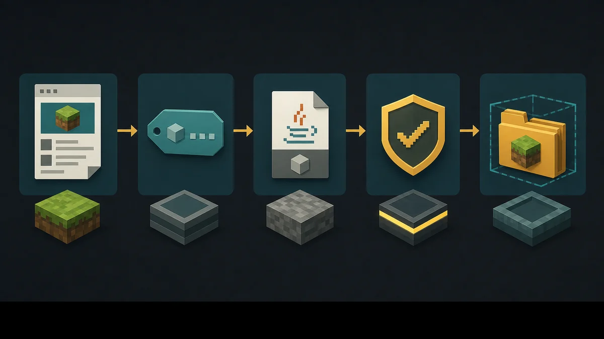 Editorial verification flow showing a project page, file record, safety check and isolated profile