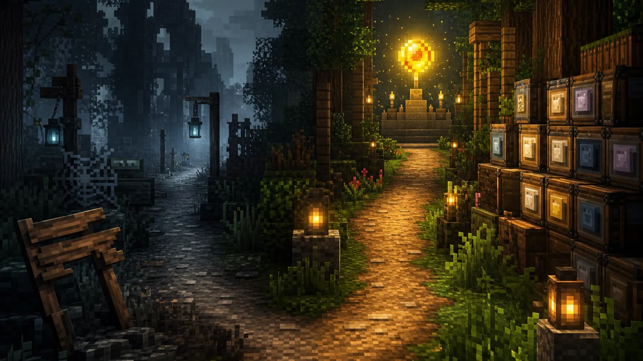 Editorial illustration showing an unavailable dark path beside a lit source trail for a Minecraft mod